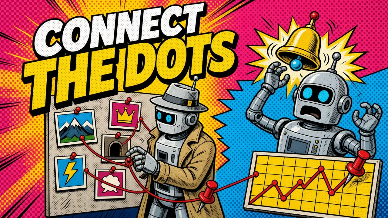 Comic panel of a detective robot linking photos on a corkboard with red string while an alarmed robot rings a bell over a spiking chart