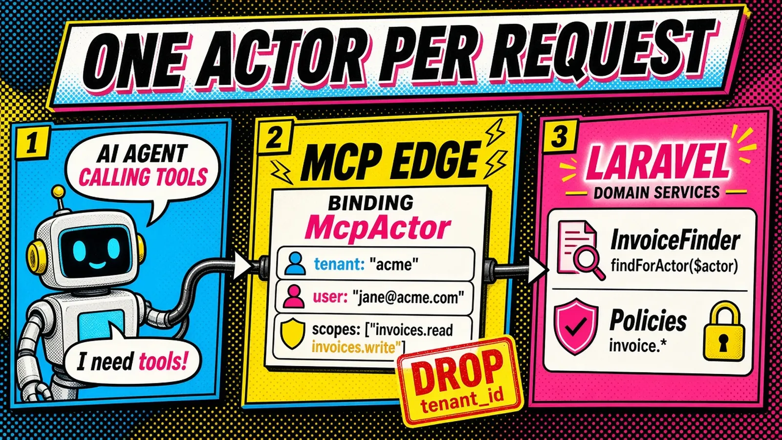 Actor context flowing from AI agent through locked MCP tools into Laravel domain services