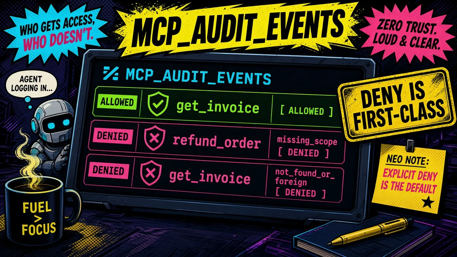 Comic audit log console showing ALLOWED get_invoice and DENIED refund_order rows