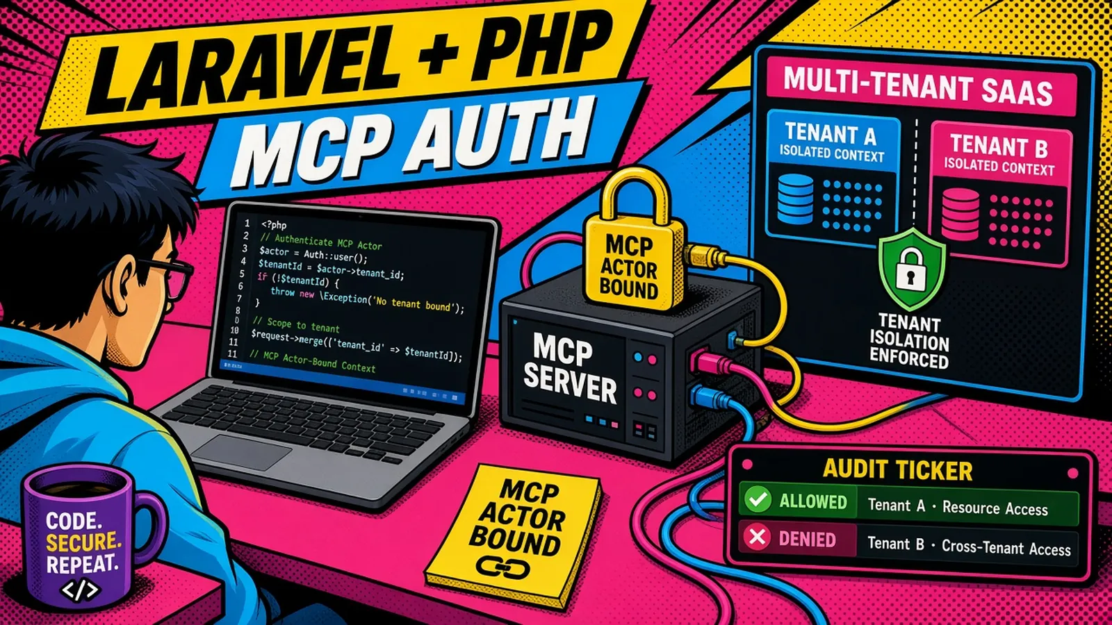 Comic pop-art hero: Laravel MCP auth gate, tenant isolation, and audit ticker
