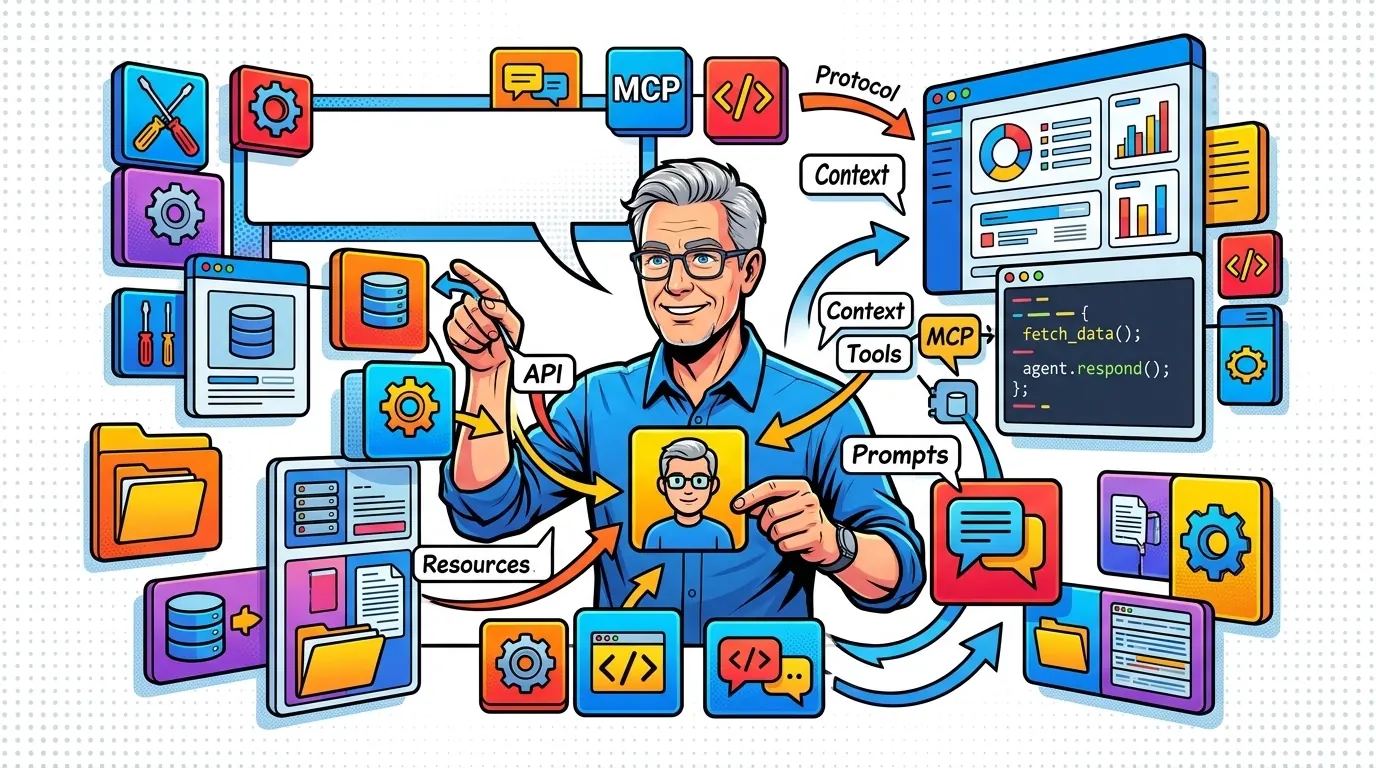 Pop-art illustration of an AI agent plugged into multiple data sources via MCP