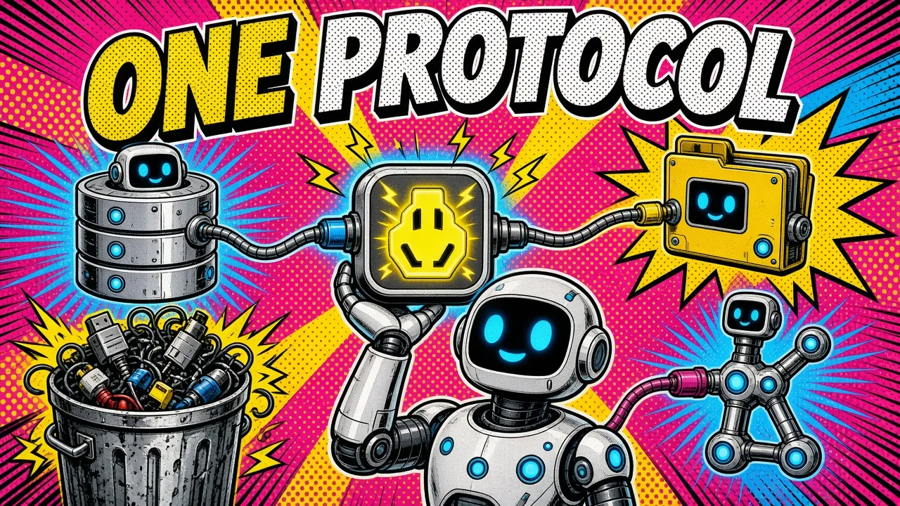 Comic panel of a robot holding up one glowing plug hub wired to a database, a folder and a git block while tangled old adapters overflow a trash can