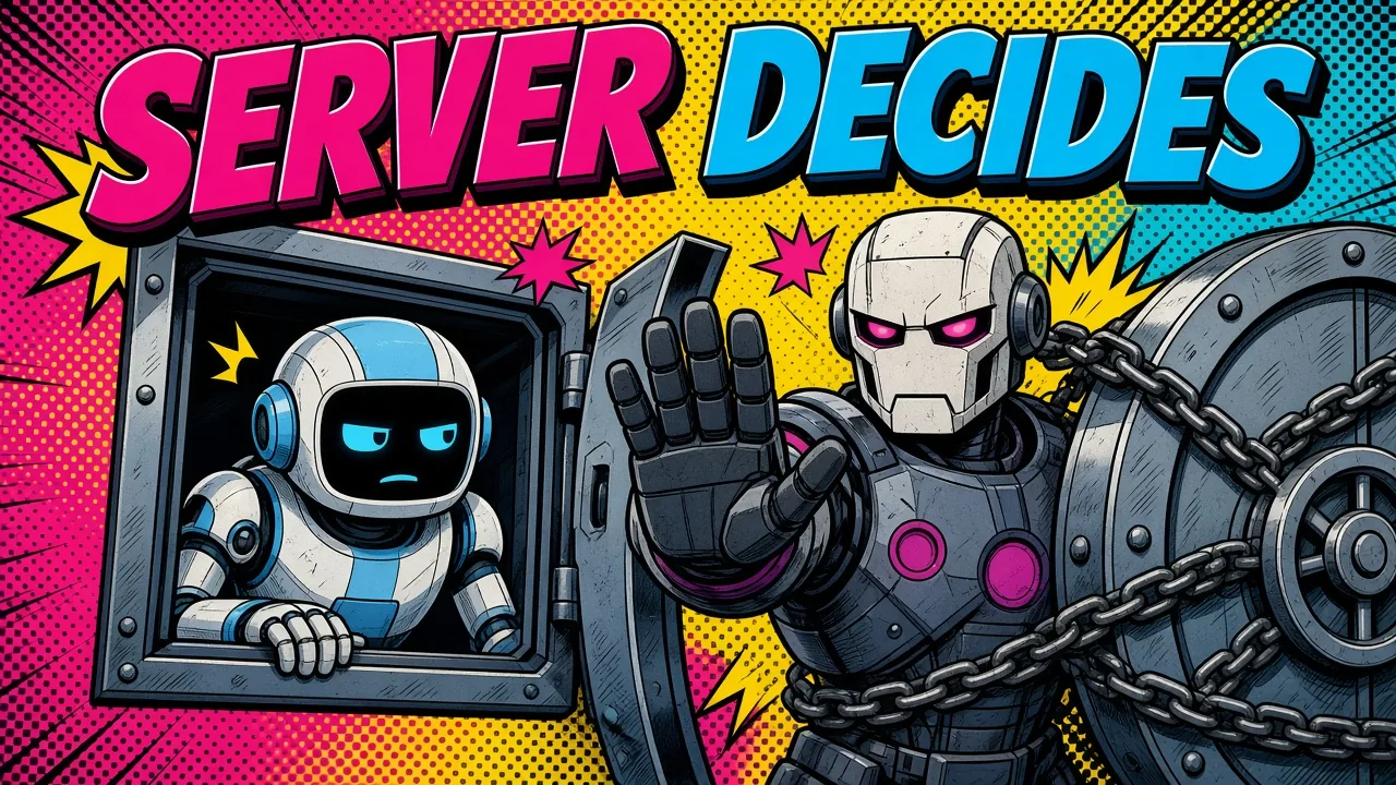 Comic panel of a small robot looking out of a vault window while a large guard robot raises its hand in front of a chained vault door