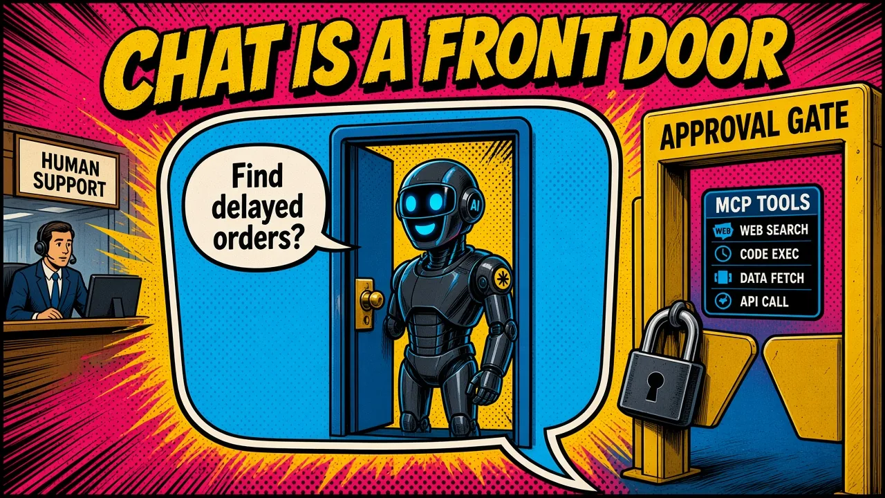 Chat as front door: agent asking to find delayed orders, MCP tools behind an approval gate, human support as backup