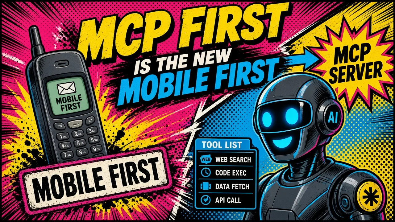 Comic split: old mobile phone stamped MOBILE FIRST vs AI agent with MCP tool list — MCP first is the new mobile first