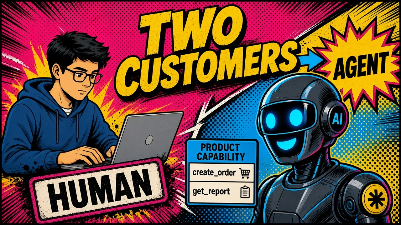 Two customers — a human at a laptop and an AI agent sharing the same product capability tools
