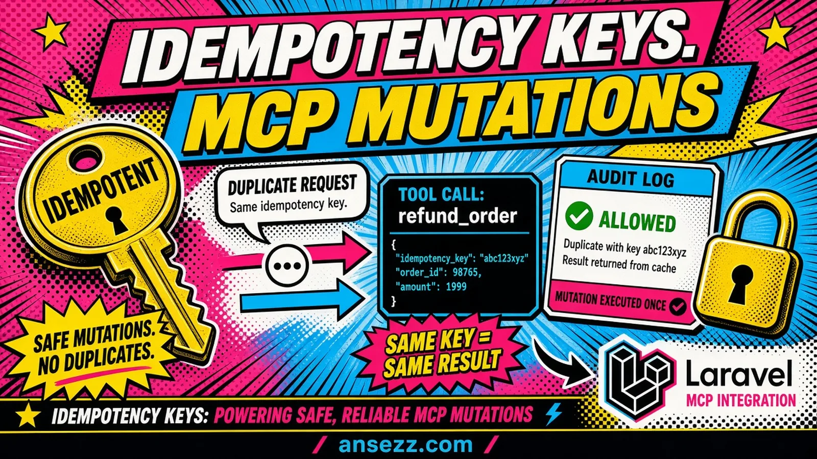 Comic pop-art hero: idempotency keys collapsing duplicate MCP refund_order calls into one allowed audit result