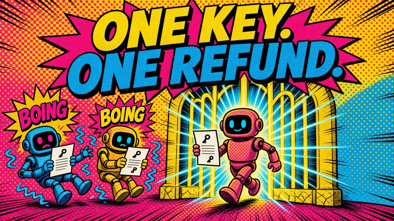 Comic pop-art panel: three identical refund requests hit a gate with one key; one goes through to the payment service and the other two bounce back holding the same receipt