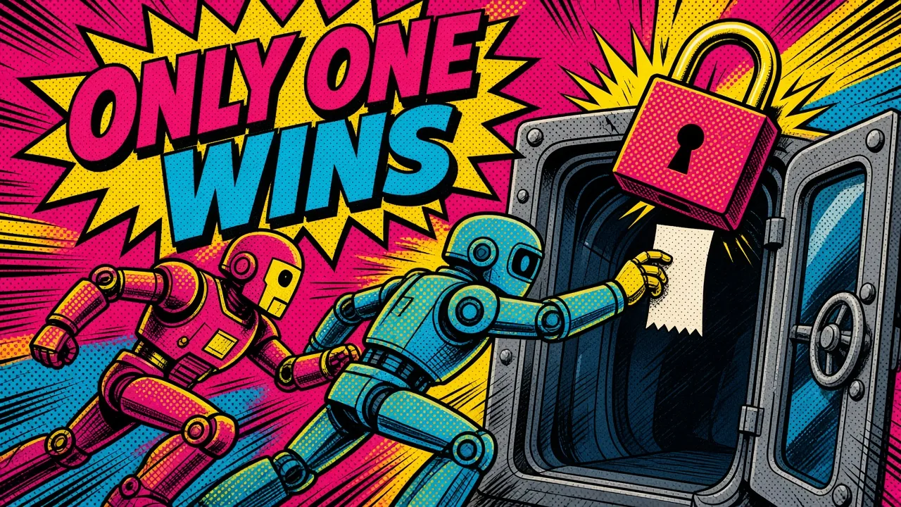 Comic pop-art panel: two robot workers race to grab the same claim ticket, but a heavy database lock with a unique stamp lets only one hand through