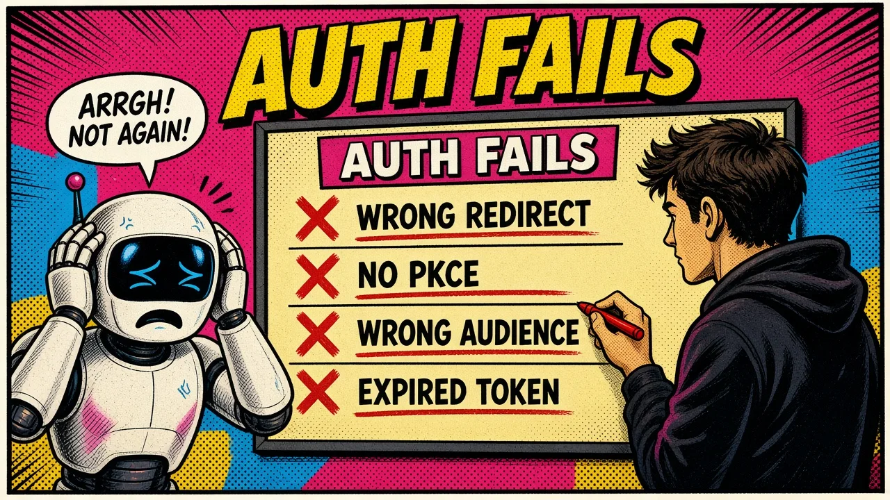 Comic pop-art panel: a checklist of common agent auth failures