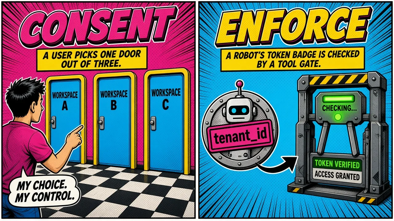 Comic pop-art panel: a consent screen where the person picks a workspace, and the token carries the tenant id that every tool checks