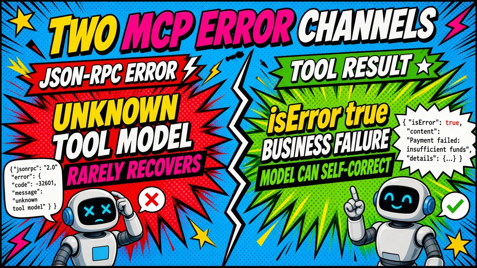 Two MCP error channels: JSON-RPC protocol errors versus tool results with isError true
