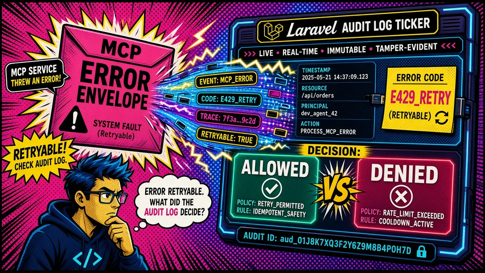 Error envelope fields flowing into the MCP audit table as denied reasons