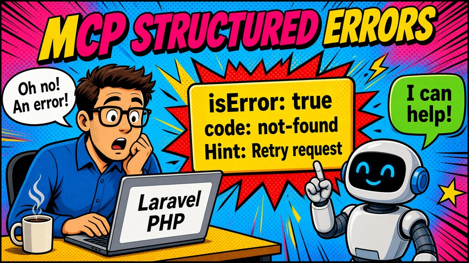 Comic pop-art hero: AI agent receiving an MCP isError tool card stamped not_found with a self-correct hint