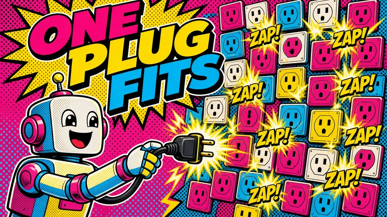 Comic pop-art panel: one robot plugs a single universal adapter into a wall of sockets labeled with database, file and store icons, all lighting up at once