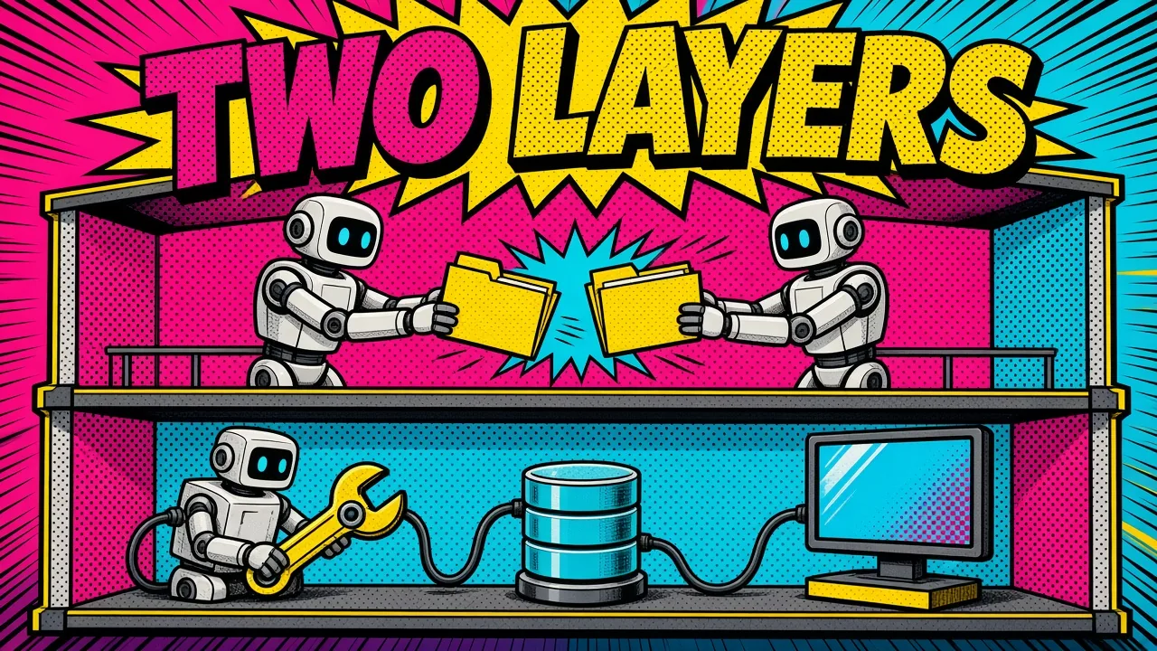 Comic pop-art panel: a row of robots passing task folders to each other across the top floor, while each one plugs into its own tools on the floor below