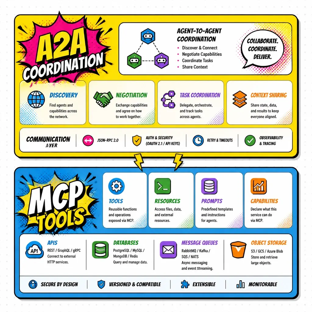 Diagram of a two-layer agent architecture with MCP underneath and A2A across the top