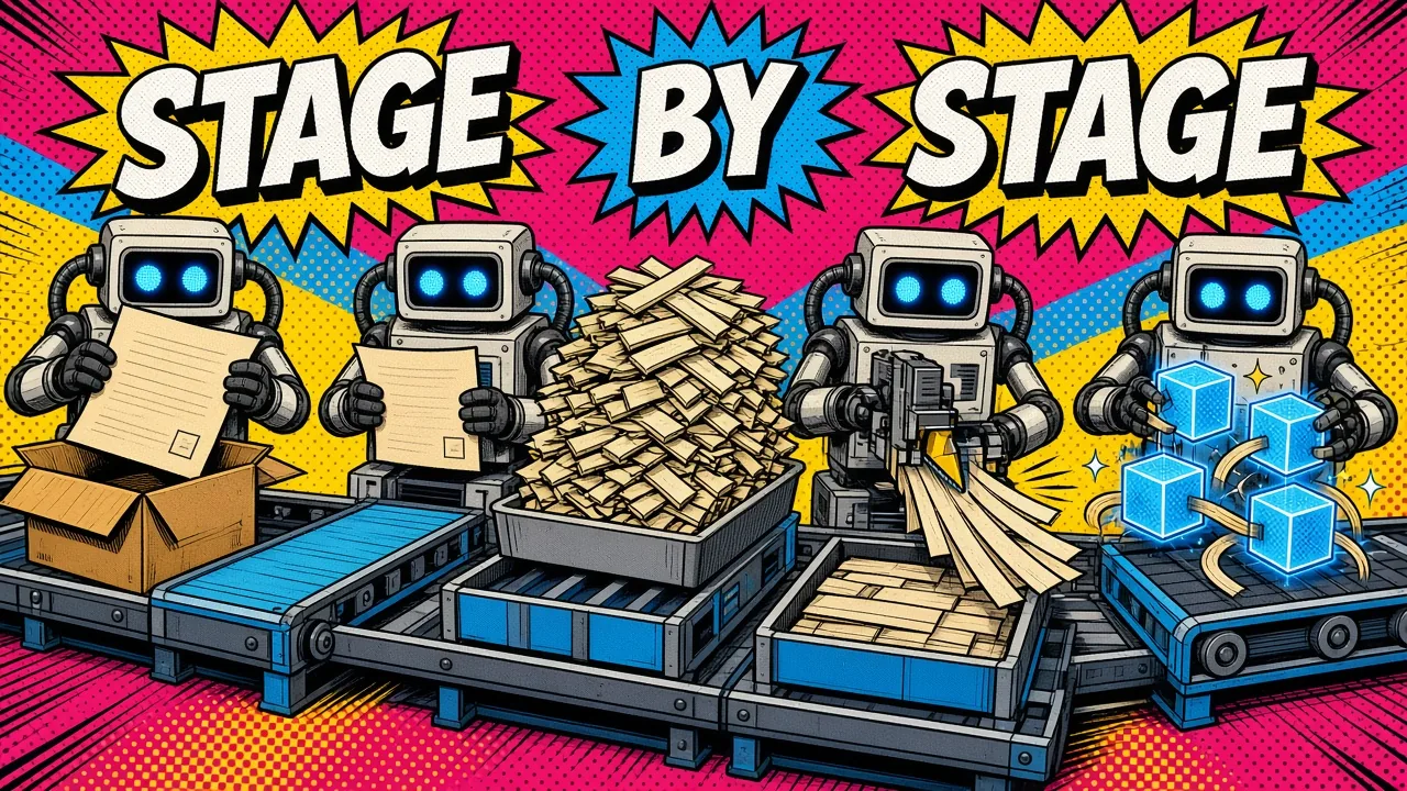 Comic panel of four robots on a conveyor line unpacking papers, reading pages, cutting text into strips and turning strips into glowing blue cubes