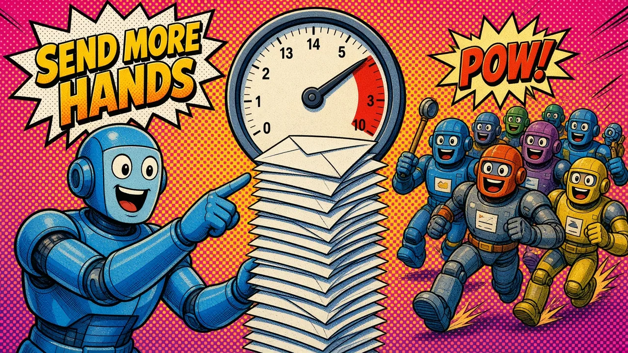 Comic panel of a robot pointing at a pressure gauge over a tall stack of envelopes while a squad of robots charges in to help