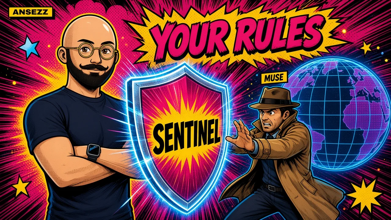 Comic pop-art scene of a founder with crossed arms beside a glowing shield labeled Sentinel, while a detective labeled Muse holds up a hand to stop, under the words Your rules