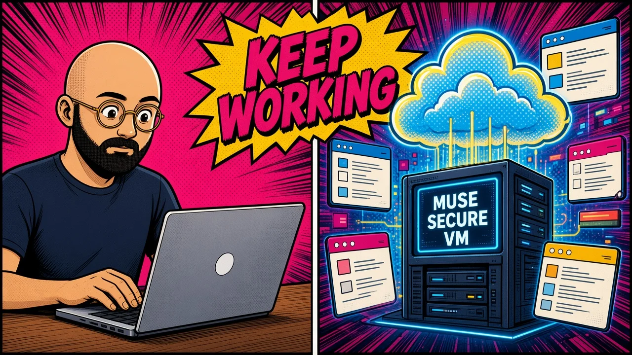 Comic pop-art panel of a founder at an open laptop, beside a server labeled Muse Secure VM under a cloud, under the words Keep working