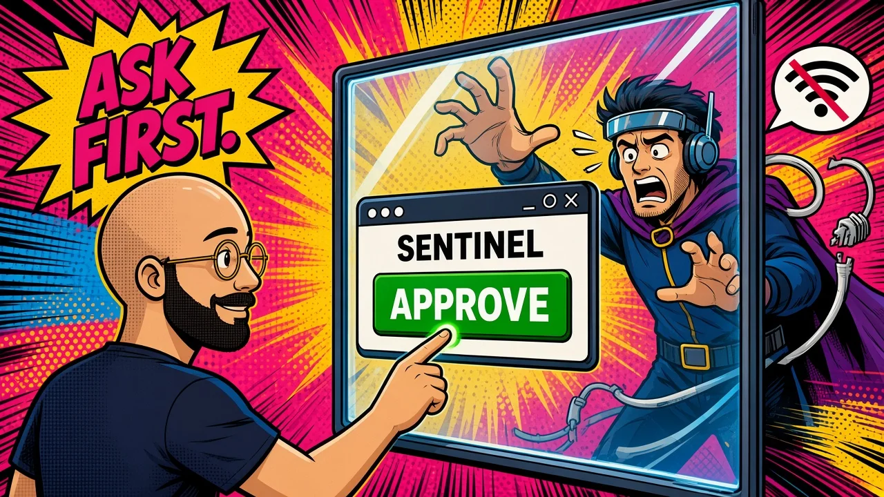 Comic pop-art panel of a founder pressing Approve on a dialog labeled Sentinel, while an agent is held behind the screen, under the words Ask first