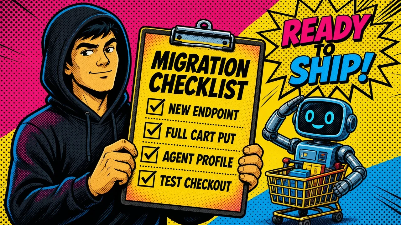 Comic pop-art panel: a migration checklist clipboard for moving agent carts to UCP Cart MCP