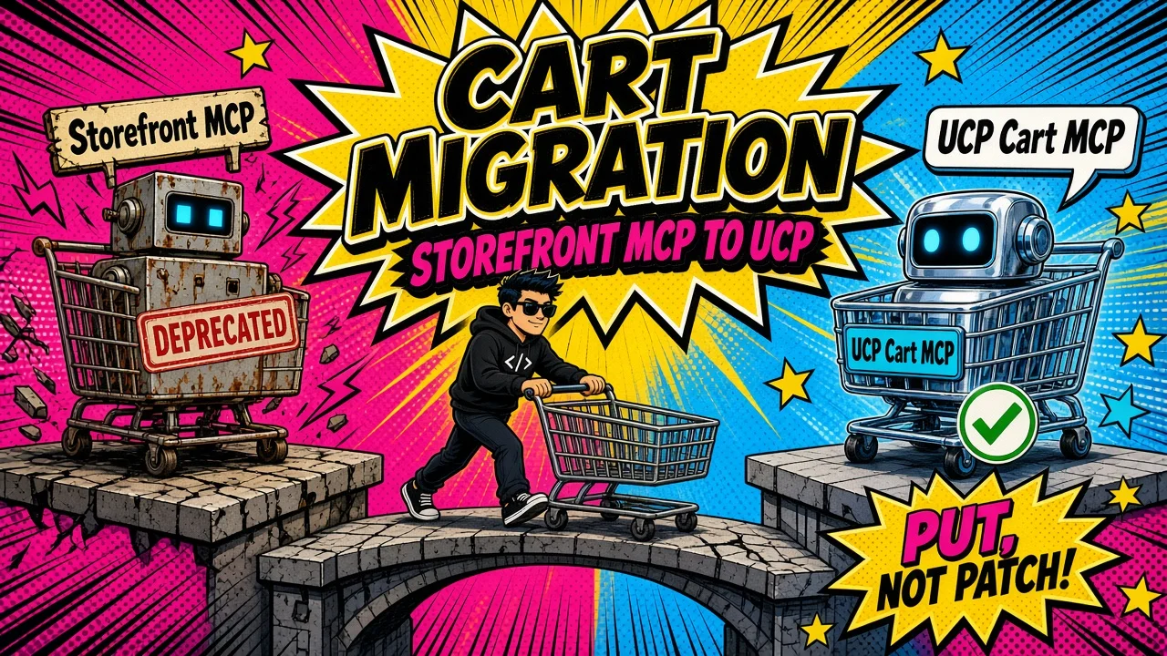 Comic split: deprecated Storefront MCP cart on /api/mcp vs cyan robot pushing UCP Cart MCP at /api/ucp/mcp