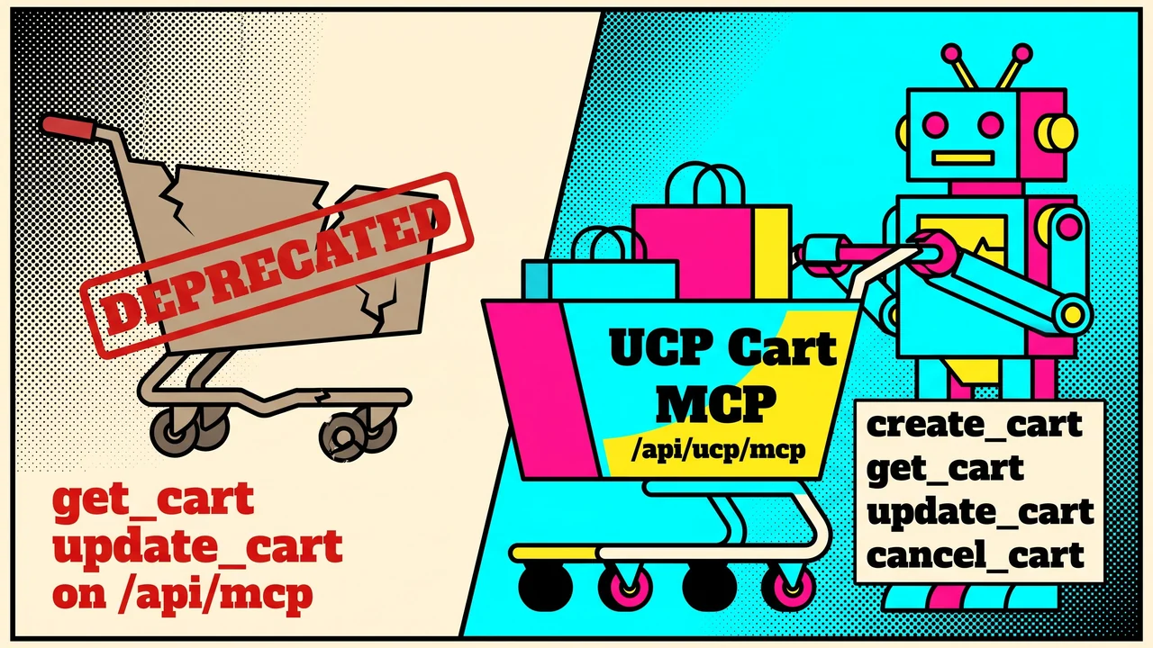 Comic split: deprecated Storefront MCP cart on /api/mcp vs cyan robot pushing UCP Cart MCP at /api/ucp/mcp