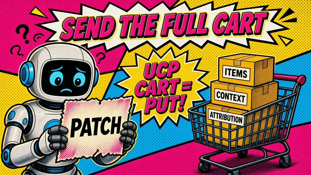 Comic pop-art panel: a confused agent holding a partial PATCH note next to a PUT semantics warning and a cart carrying full line_items, context, and attribution
