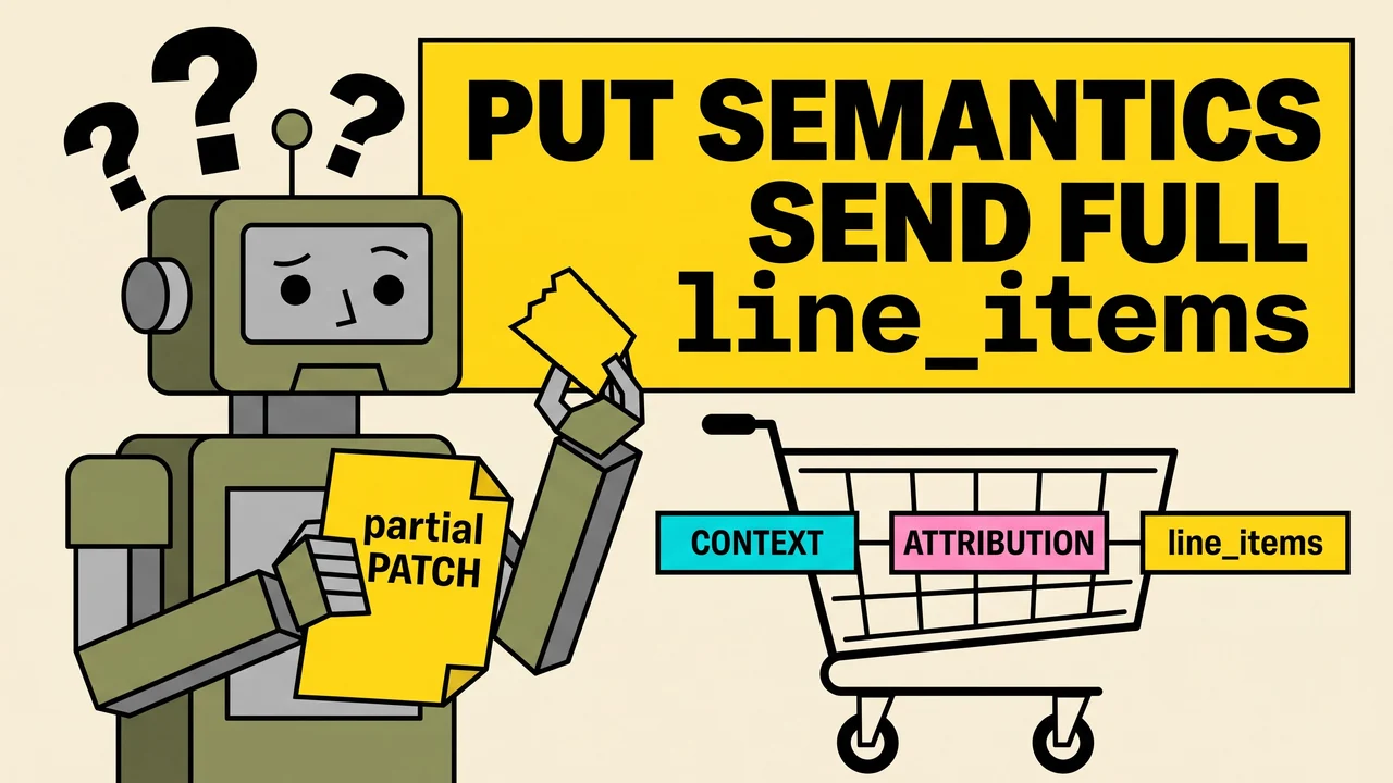 Confused agent holding a partial PATCH note next to a PUT semantics warning and a cart carrying full line_items, context, and attribution