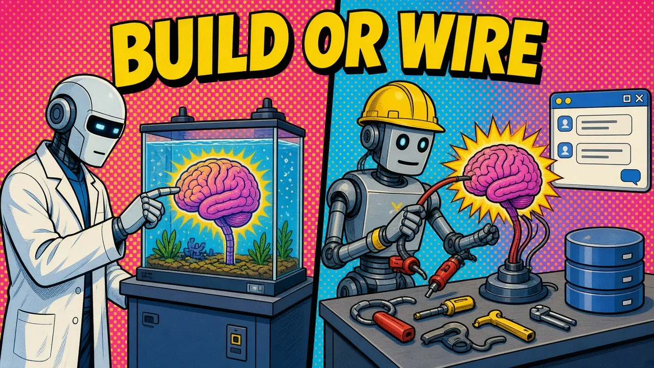Comic panel of a lab-coat robot studying a brain in a fish tank next to a hard-hat robot wiring a brain to a database, tools and a chat window