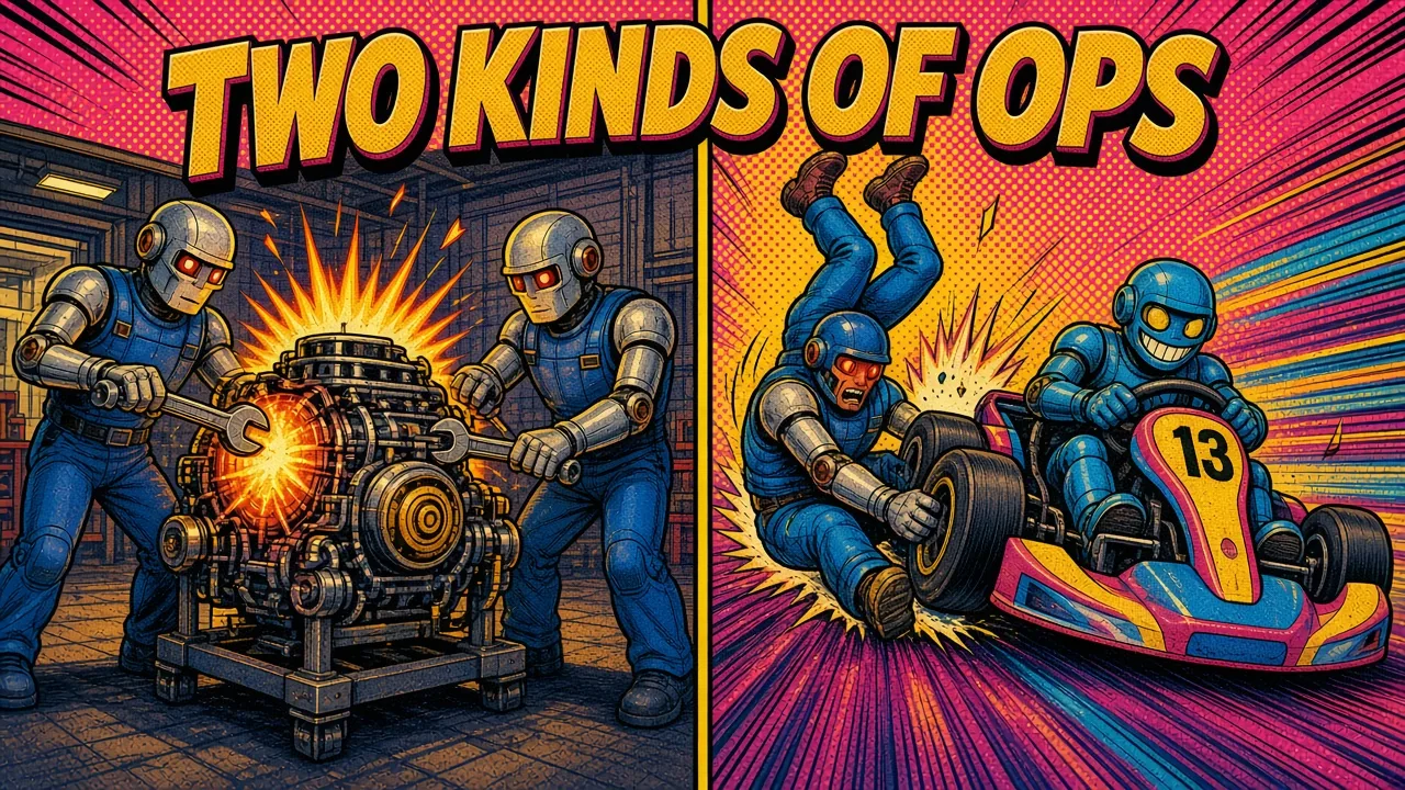 Comic panel of two mechanic robots working on a glowing engine on the left and robots swapping a go-kart wheel mid-race on the right