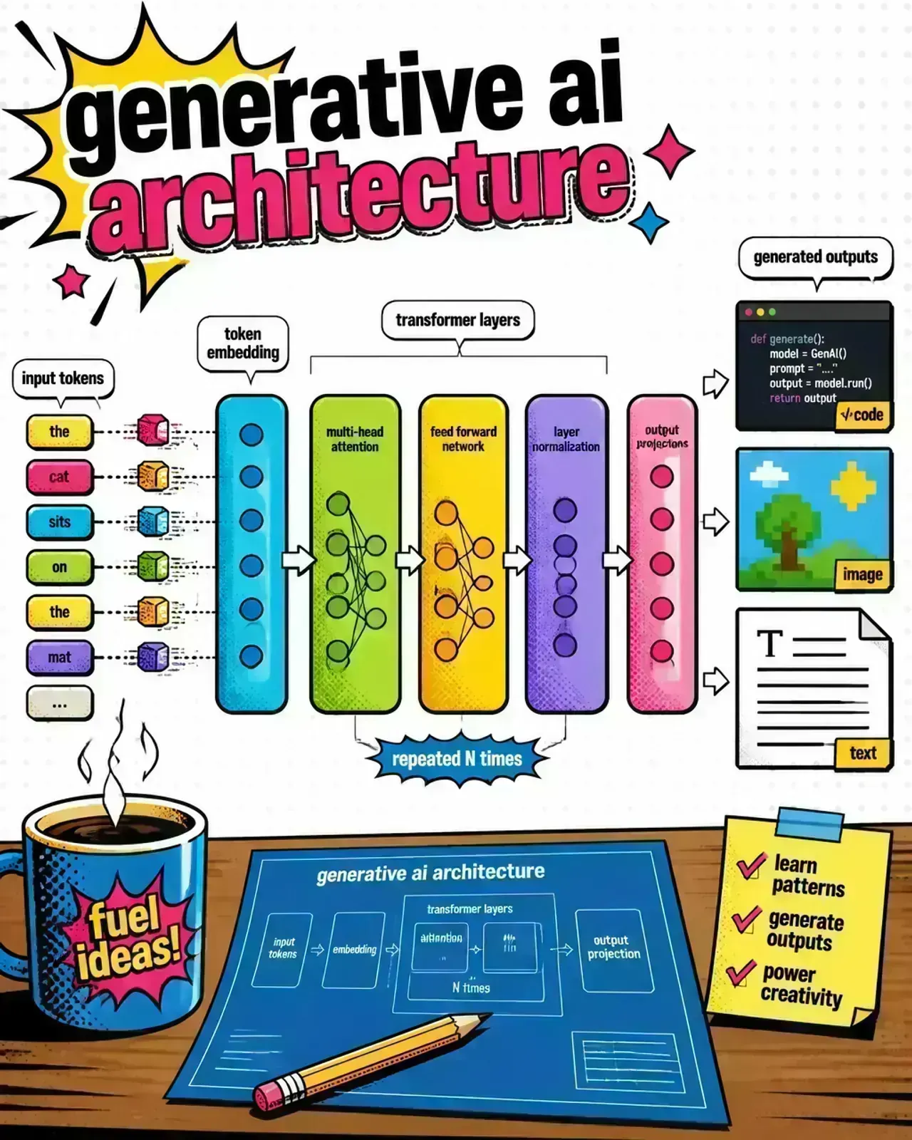 Generative AI architecture diagram showing transformer neural network layers processing input tokens into generated output
