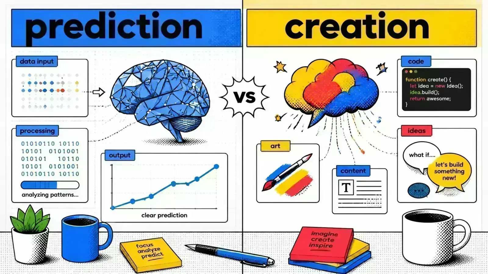 Pop-art comic-style split panel contrasting machine learning prediction with generative AI creation