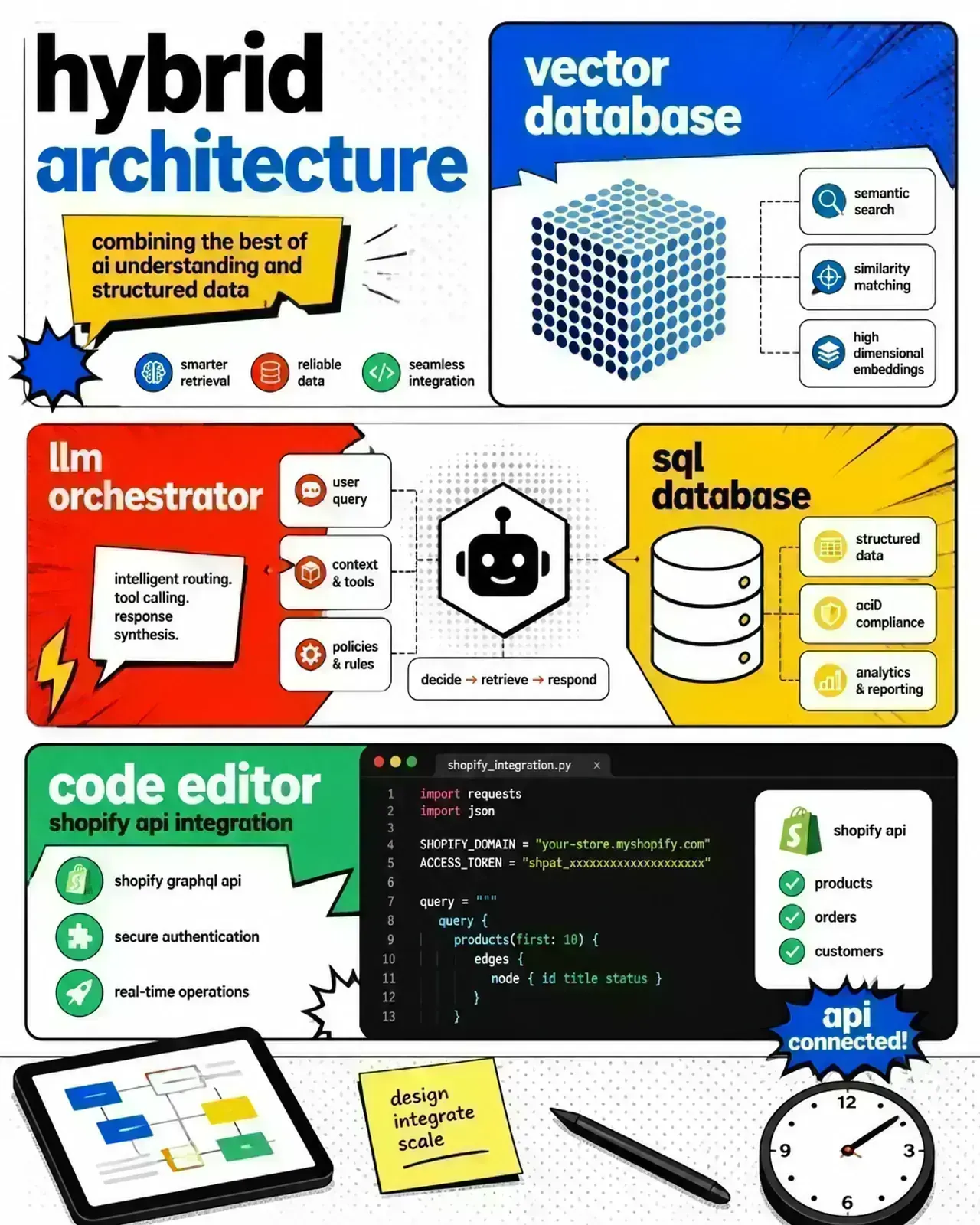 Hybrid AI architecture combining a vector database, an LLM, and Shopify integration in one production pipeline