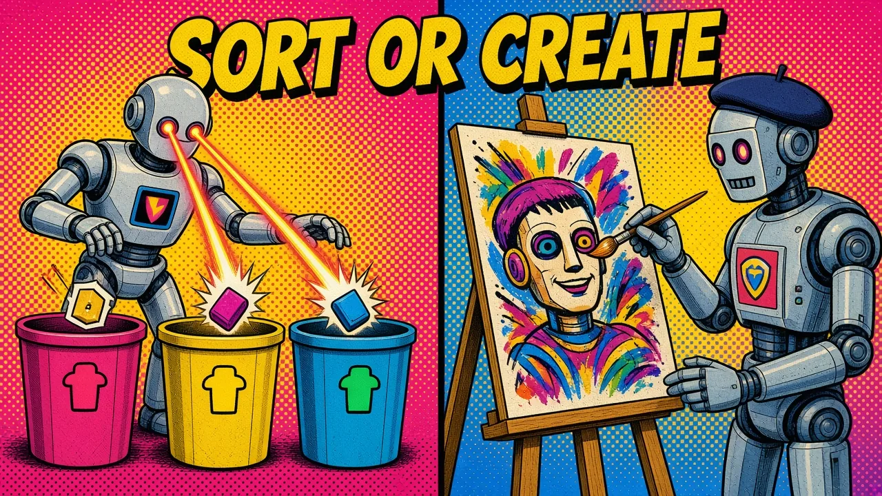 Comic panel of a robot sorting colored cards into matching bins with laser eyes next to an artist robot in a beret painting a portrait