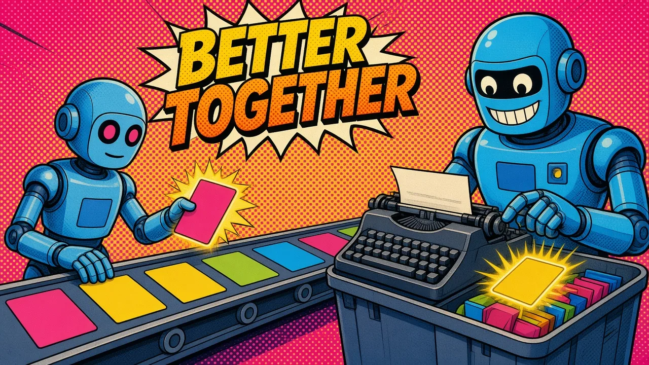 Comic panel of a robot passing colored cards along a conveyor to a grinning robot typing replies at a typewriter