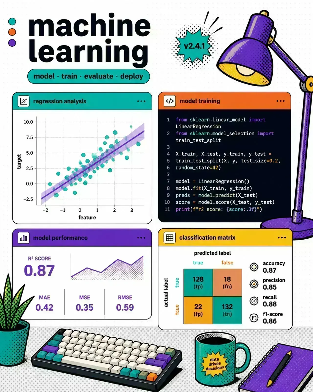 Machine learning dashboard showing prediction charts, classification metrics, and model code