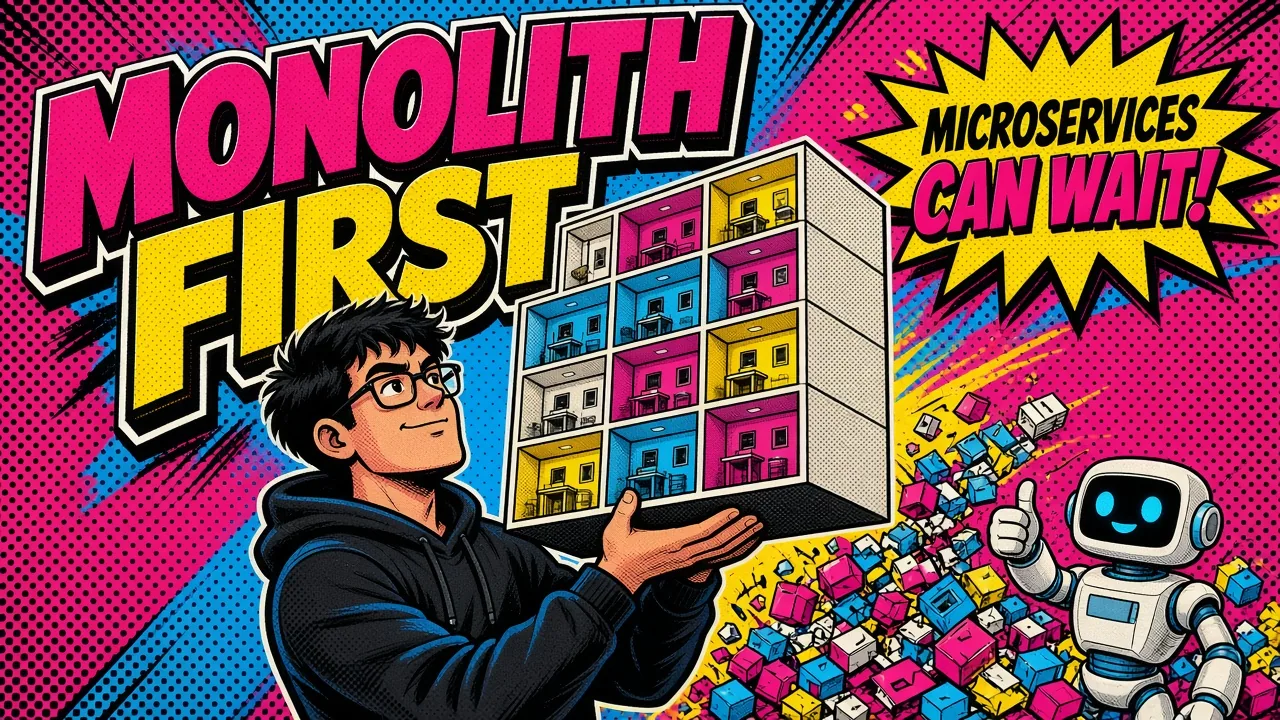 Pop-art illustration of a SaaS architecture split into neat modules inside one deployable block