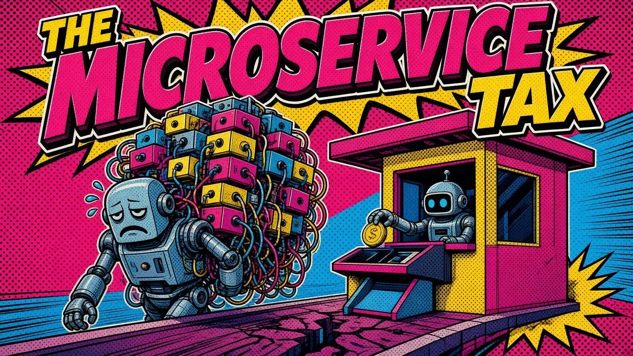 Comic panel of three robots buried under service discovery, tracing and pipeline boxes while one robot with a single tidy block keeps shipping