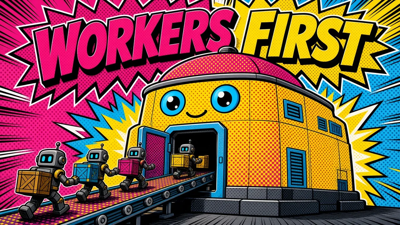 Comic panel of a crane lifting a heavy PDF and CSV job out of a big robot into a smaller queue worker robot, while the big robot keeps working