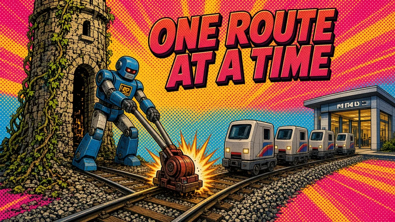 Comic panel of a robot pulling a rail switch lever beside a vine-covered stone tower as a train heads toward a modern glass building