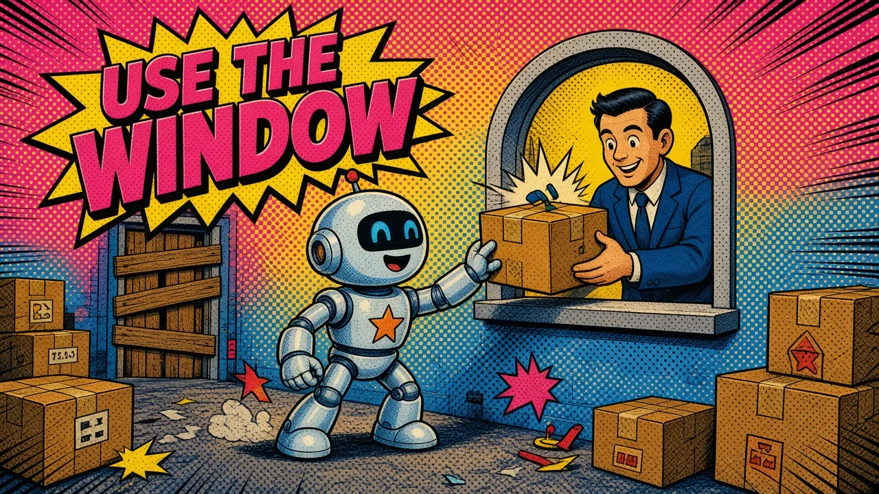 Comic panel of a human clerk handing a package through a service window to a smiling robot beside a boarded-up door