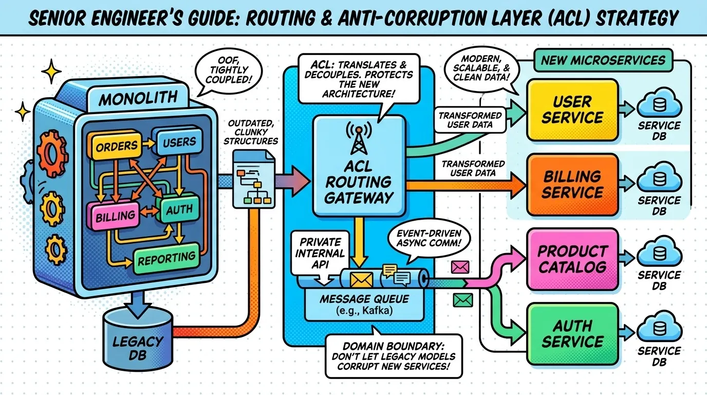 Routing diagram showing API gateway dispatching between monolith and new services