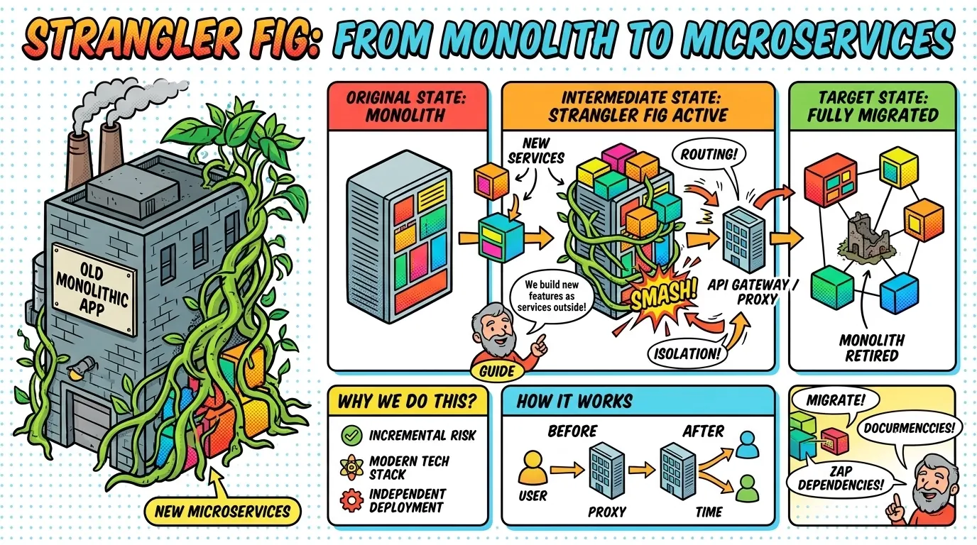 Strangler fig pattern diagram — new services wrap the legacy monolith