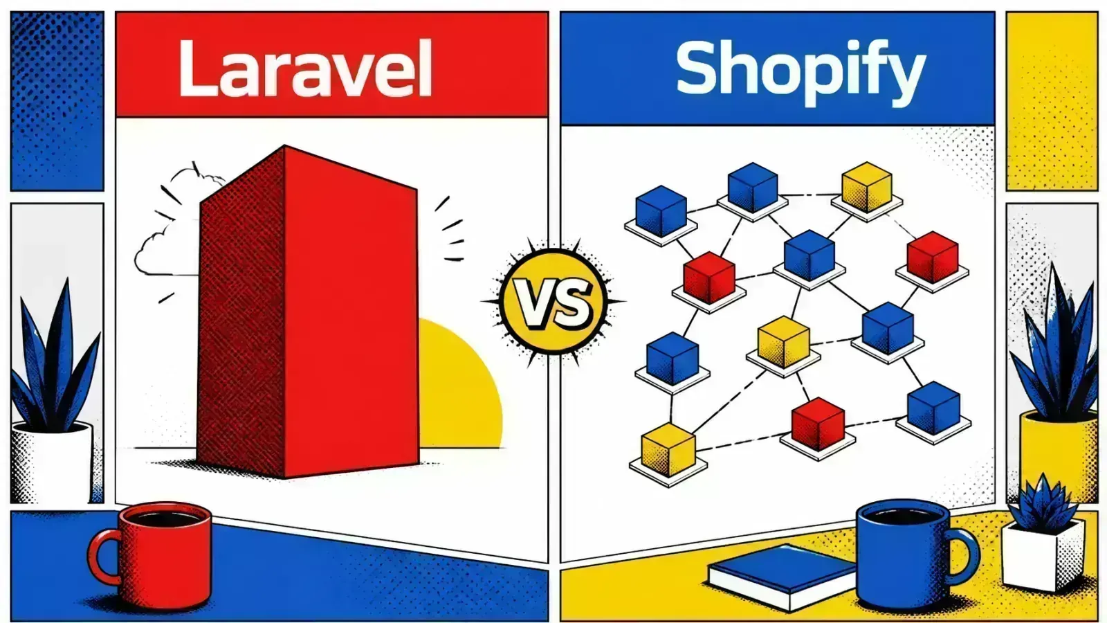 Monolith vs microservices comparison in a vibrant pop-art comic style
