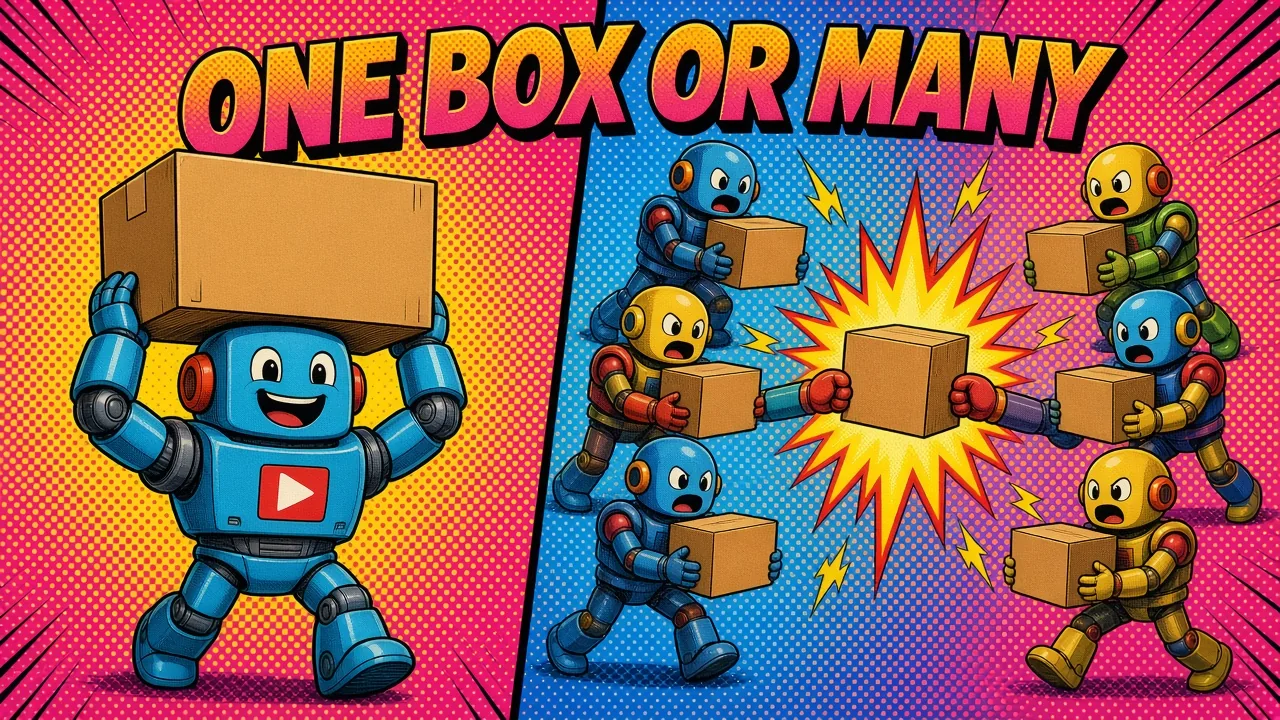Comic panel of one smiling robot carrying one big box next to six small robots with small boxes shouting at each other