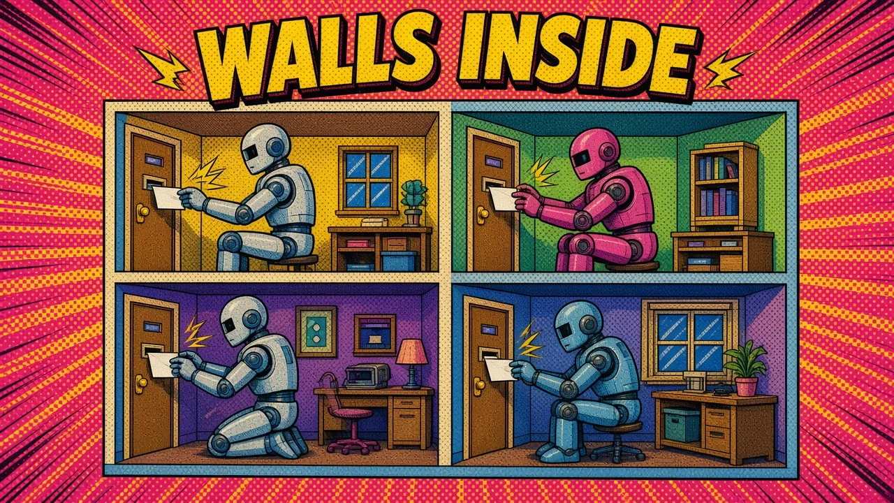 Comic panel of a cutaway house with four rooms where robots slide notes through door slots instead of walking into other rooms