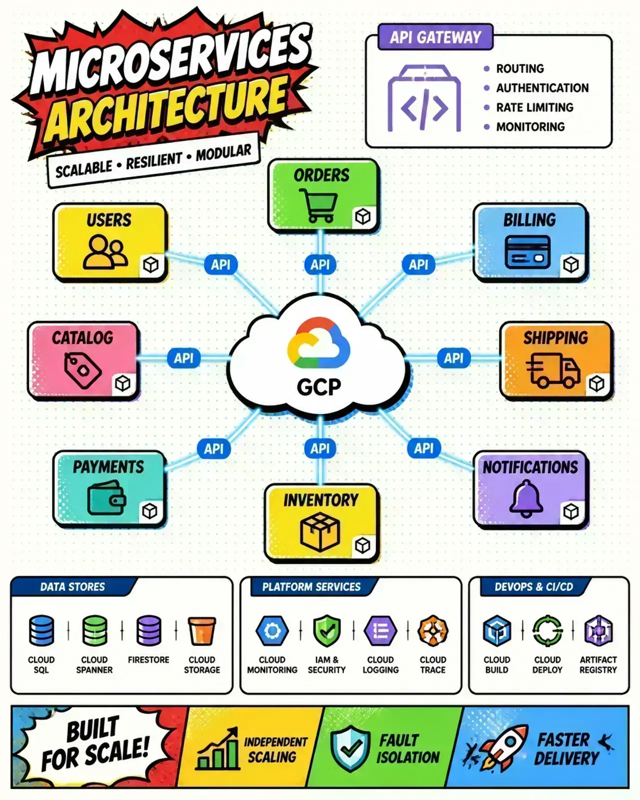 Microservices mesh diagram in pop-art style showing interconnected services